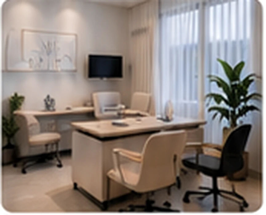 Consultório médico ilustrativo, com mesa e poltronas