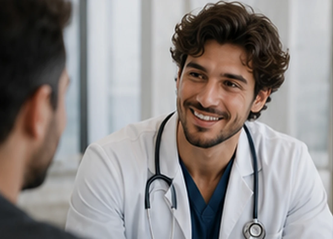 Médico fictício conversando com paciente durante uma consulta