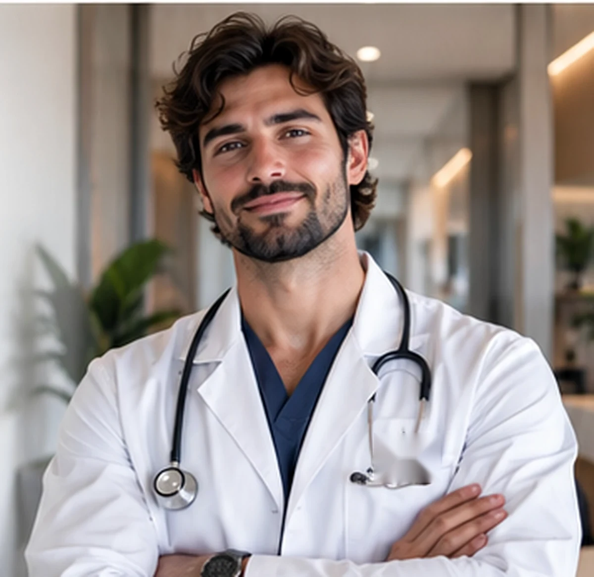 Médico fictício sorrindo, de jaleco, em clínica moderna