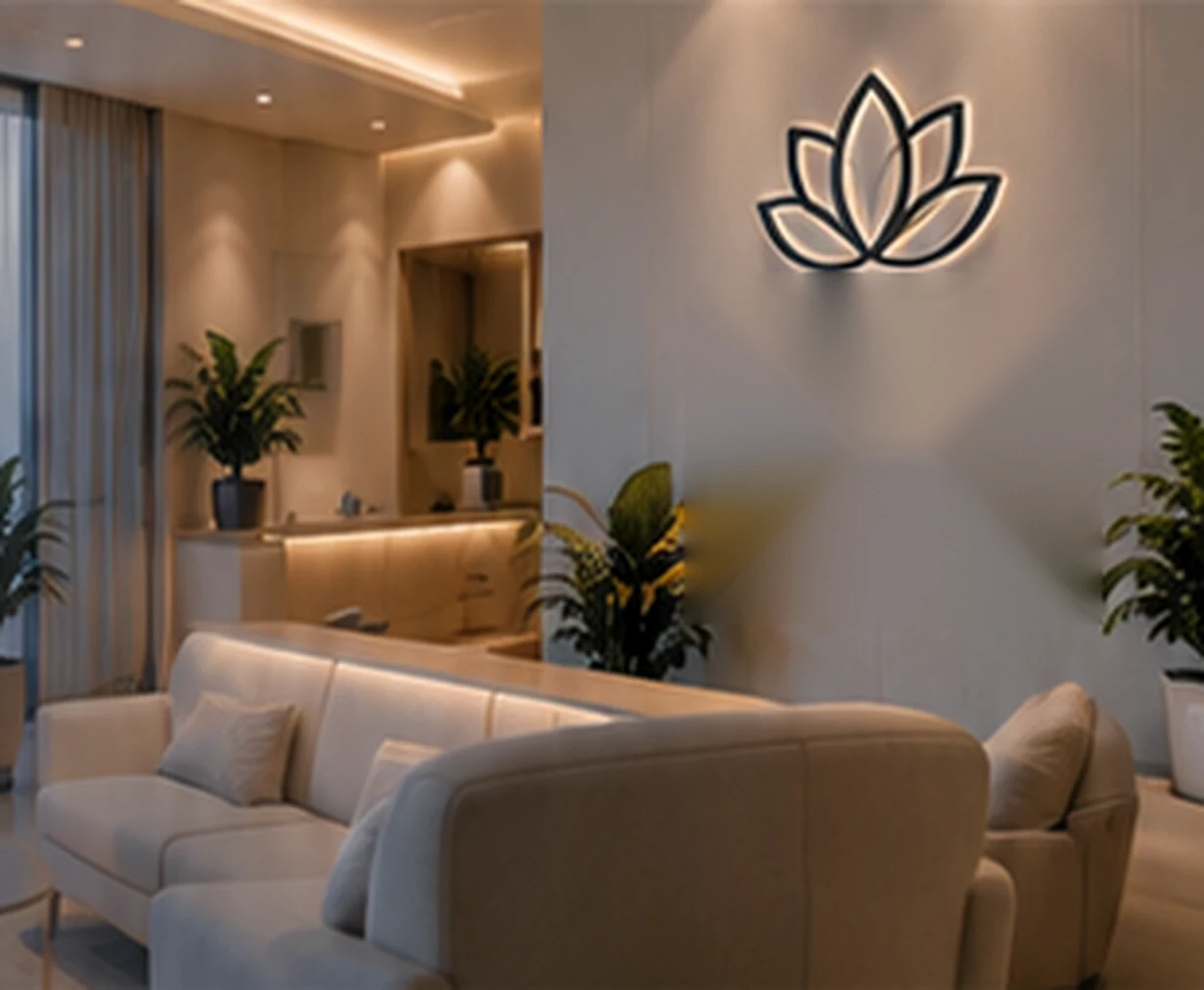 Sala de espera iluminada e com plantas